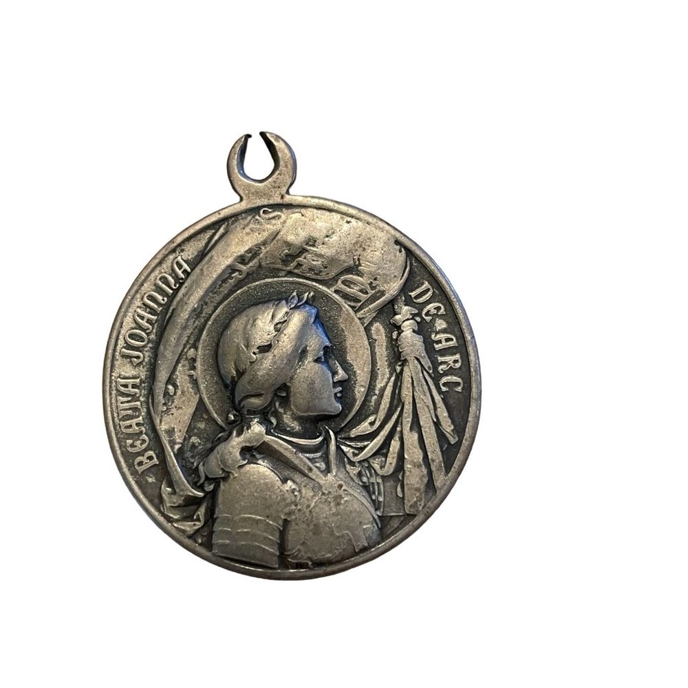 Antique Religious French Silvered Medal Pendant Saint‎ Joan of Arc and Pope X